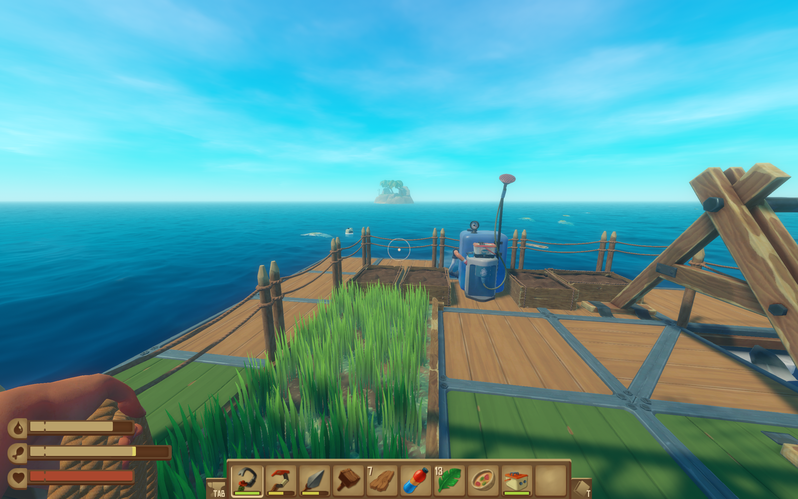 screenshot of raft, Adrift in the vast blue, our makeshift raft is both sanctuary and prison under the endless sky.